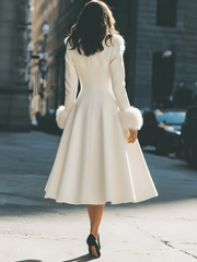 Ivory Flared Coat With Faux Fur Collar And Cuffs