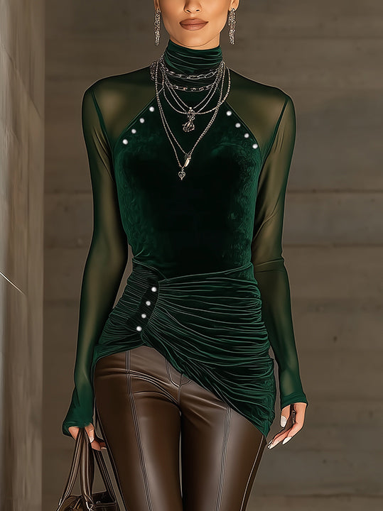 Green Velvet Mesh Asymmetric Ruched Shirt