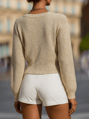Gold-Threaded Knit Button Cardigan In Champagne Beige