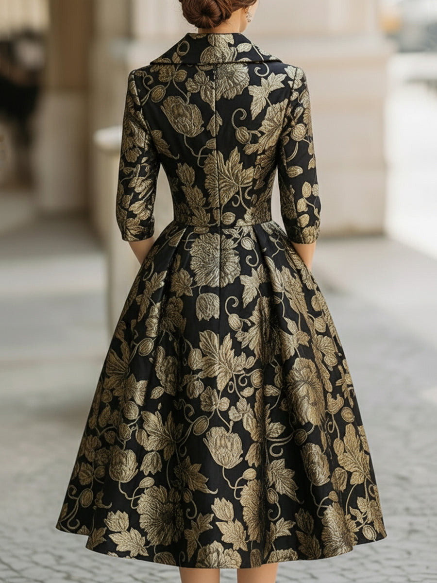Aura Her's Black & Gold Jacquard Floral Midi Dress