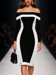 24-Hour-Shipping Off-Shoulder Long-Sleeve Black And White Color-Block Bodycon Dress