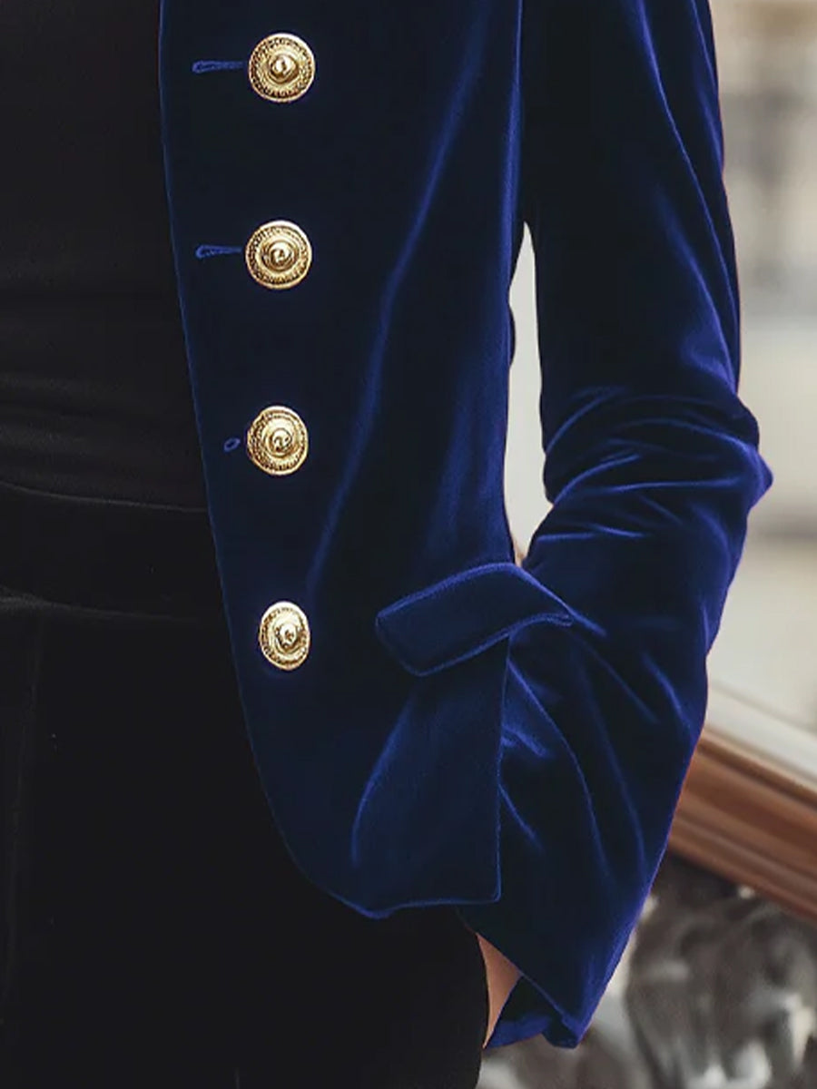 Chic Velvet Jacket with Bold Gold Accents