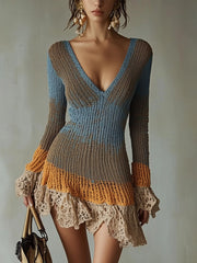Multicolor Knit Mini Dress With Lace Ruffle Trim