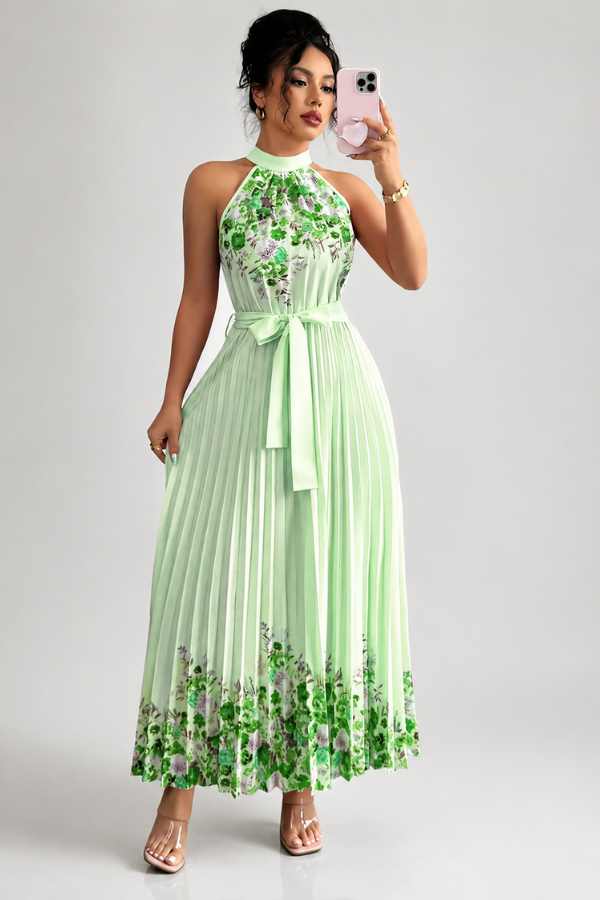 Floral Pleated Square Neck Midi Dresses