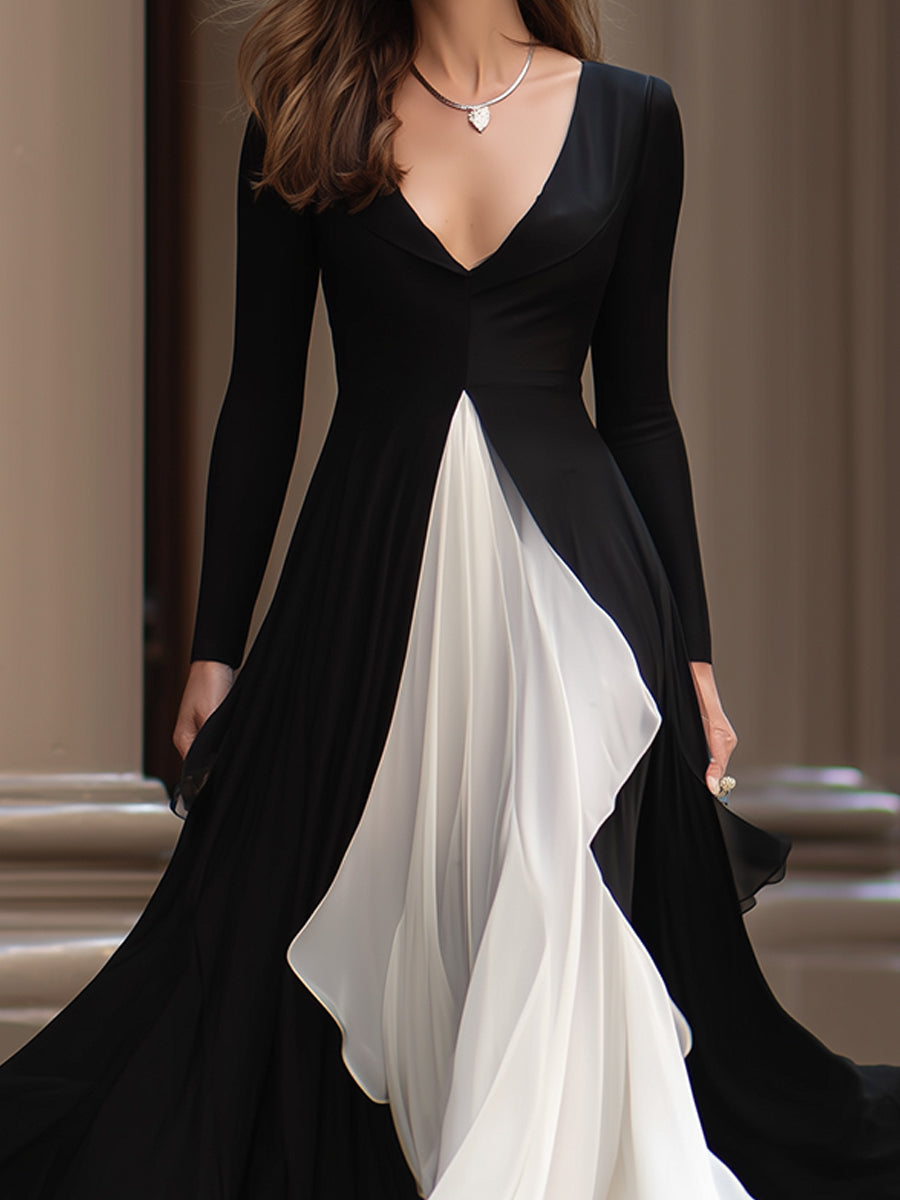 Monochrome Flowing Evening Gown With Contrast Panels