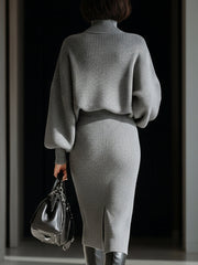 Gray Ribbed Turtleneck Batwing Sweater Dress