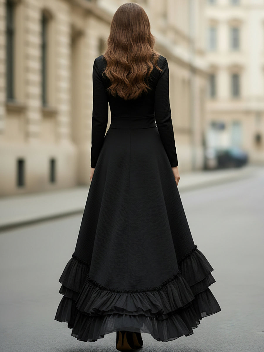 Black Long-Sleeve High-Low Ruffled Evening Dress