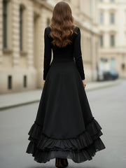 Black Long-Sleeve High-Low Ruffled Evening Dress