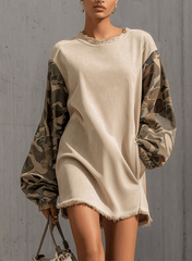 Beige Faux Suede Mini Dress With Camouflage Patchwork Sleeves