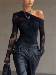 Black Knitted Off-shoulder Long-sleeved T-shirt With Lace Trim