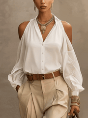 White Cotton Off Shoulder Collared Button Up Shirt