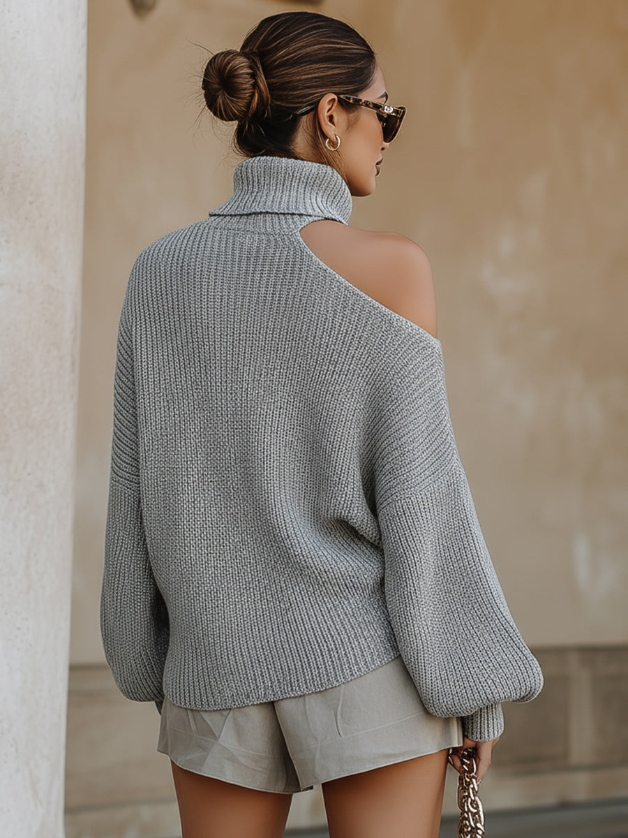 Symmetric Off-Shoulder Turtleneck Knit Sweater