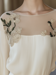 24-Hour-Shipping Beige Stitching Shirt With Elegant Floral Embroidery