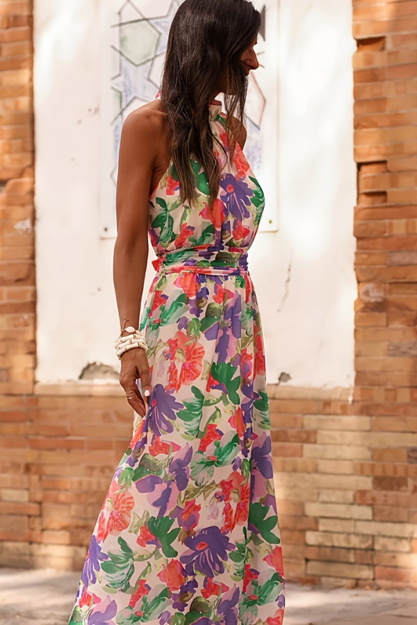 Tropical Halter Neck Keyhole Maxi Dresses