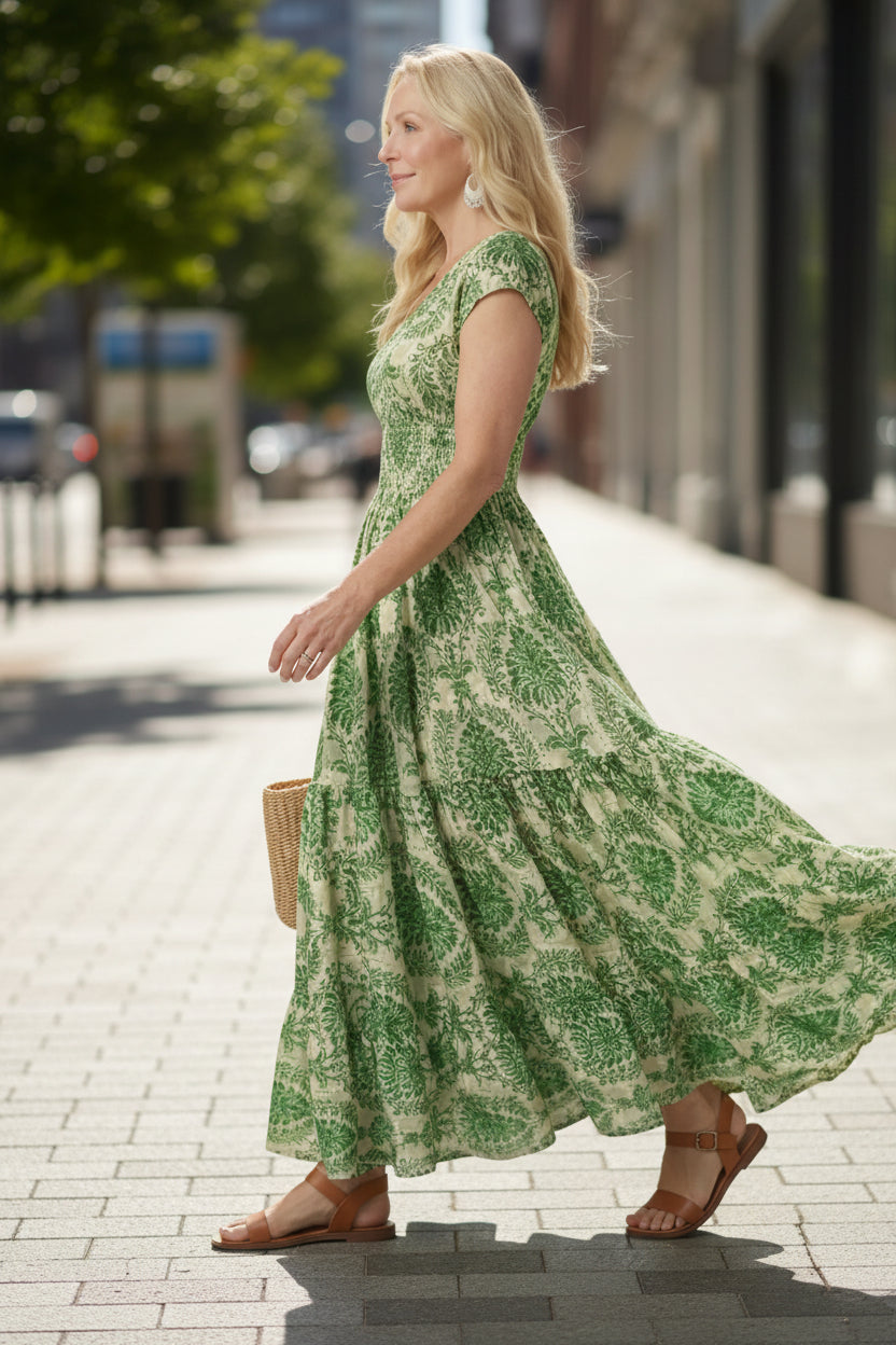 Printed Flow Maxi Dress with V Neckline