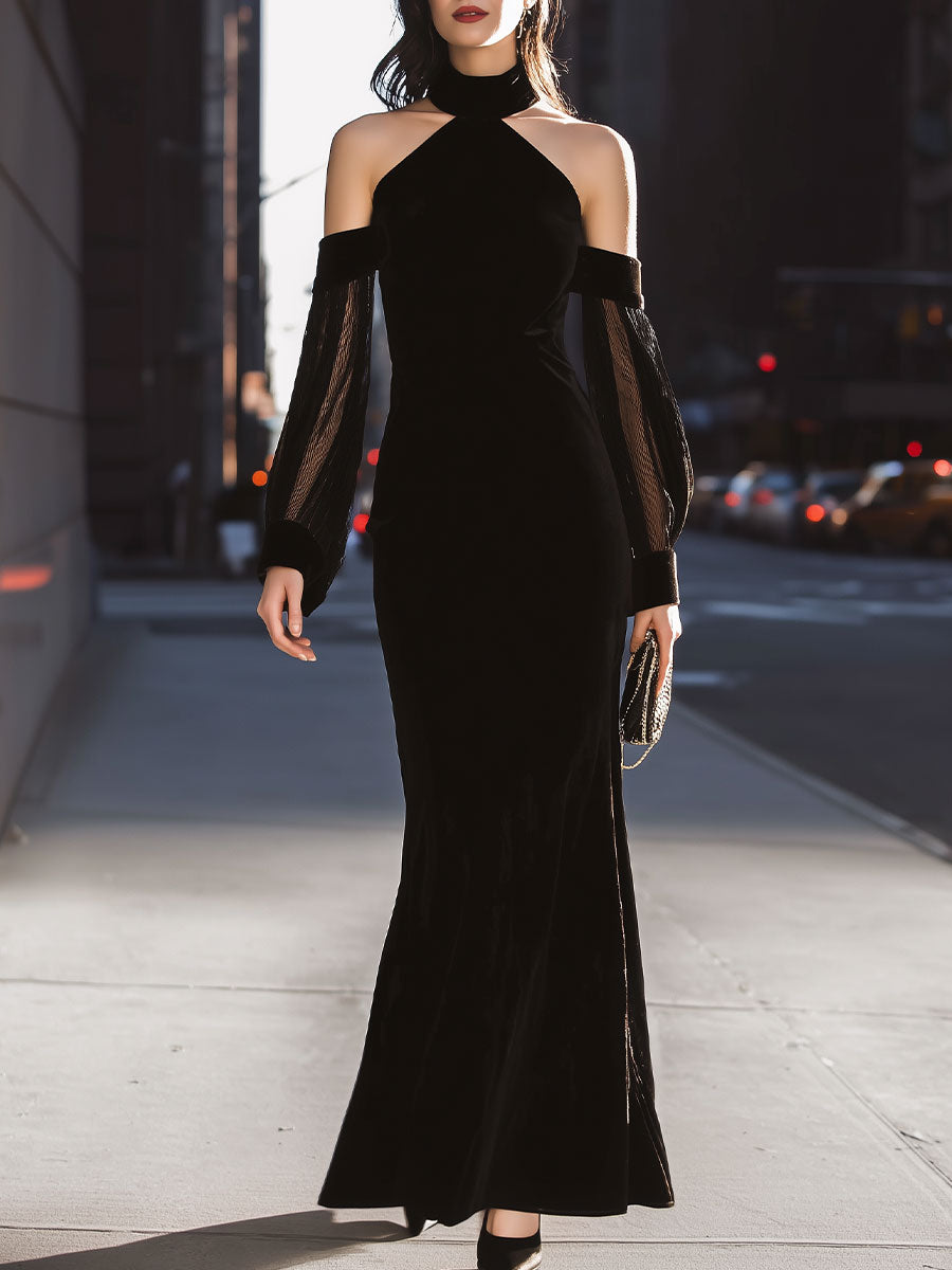 Black Velvet Off-Shoulder Mesh-Sleeve Mermaid Gown