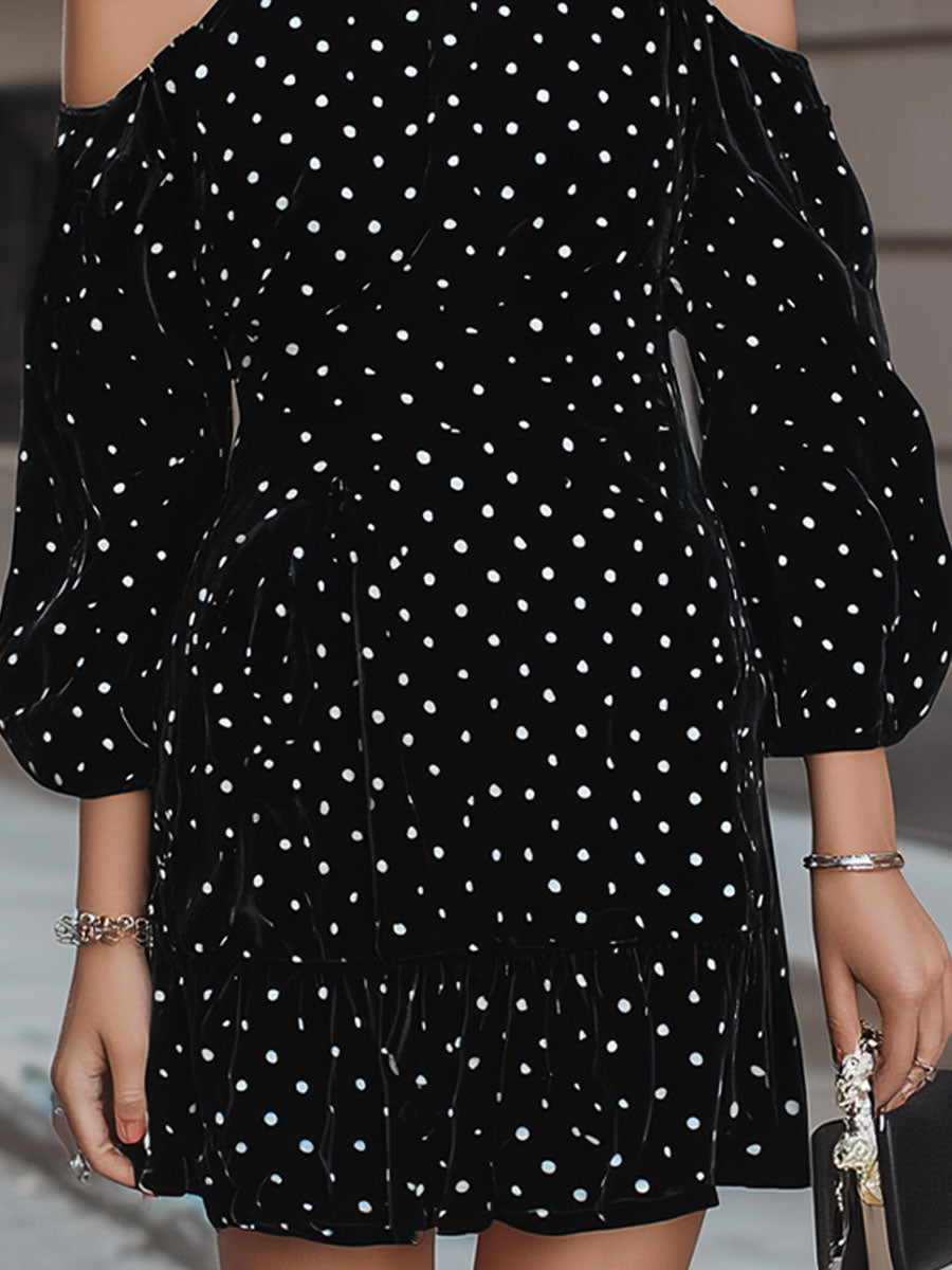 Chic Black Polka Dot Velvet Cold-Shoulder Mini Dress