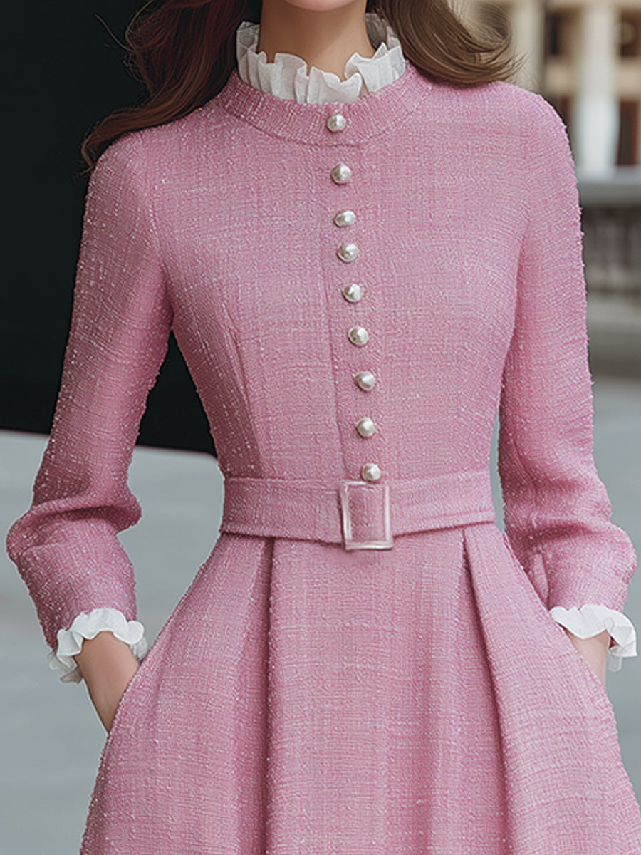 Elegant  Tweed Midi Dress With Pearl Buttons And Pleated Trim