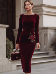 Elegant Burgundy Velvet Boat Neck Midi Dress With Floral Embroidery