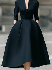 Elegant Plain Midi Dress With Deep V-Neck