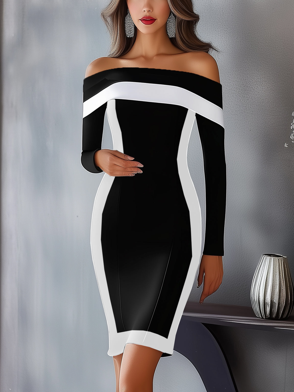 24-Hour-Shipping Off-Shoulder Long-Sleeve Black And White Color-Block Bodycon Dress