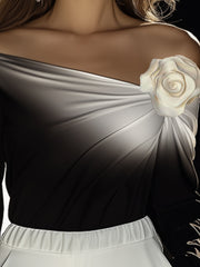 24-Hour-Shipping One-Shoulder Gradient Long-Sleeve T-Shirt With 3D Floral Embellishments