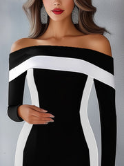 24-Hour-Shipping Off-Shoulder Long-Sleeve Black And White Color-Block Bodycon Dress