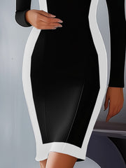 24-Hour-Shipping Off-Shoulder Long-Sleeve Black And White Color-Block Bodycon Dress