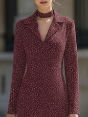 Elegant Burgundy Speckled Blazer-Collar Midi Sheath Dress
