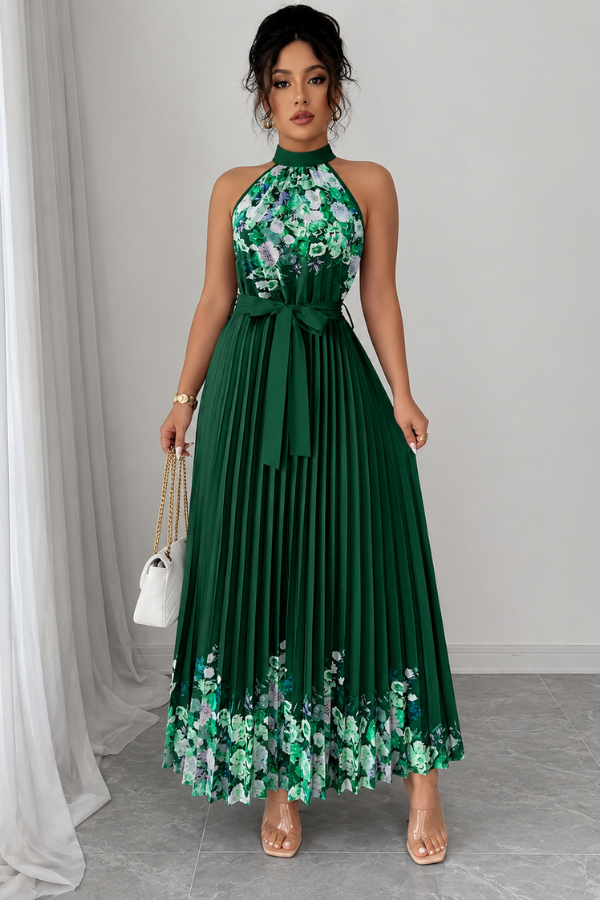 Floral Pleated Square Neck Midi Dresses