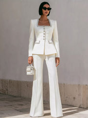 White Structured Suit With Embellished Trim And Sculpted Silhouette