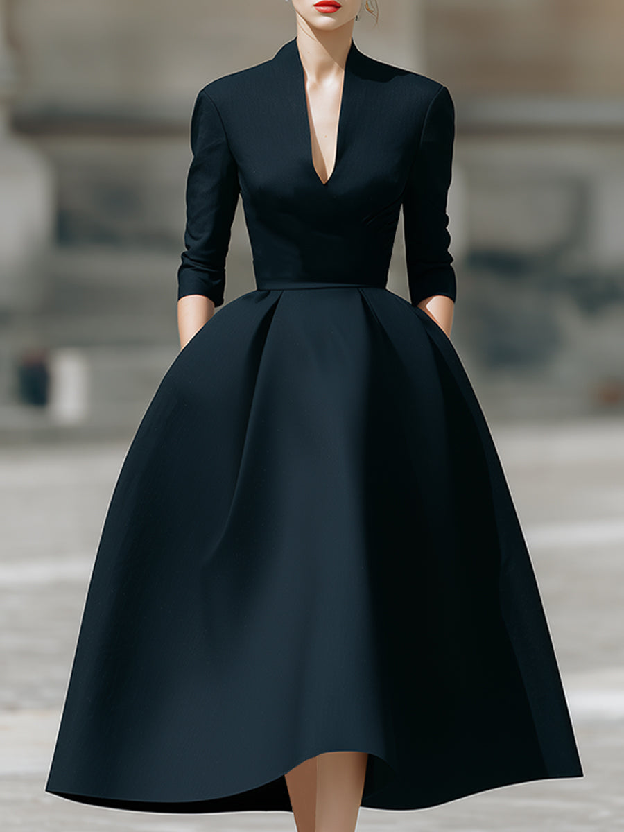 Elegant Plain Midi Dress With Deep V-Neck