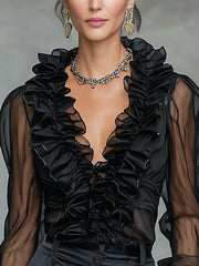 Black Sheer Ruffled Organza Blouse With Deep V-Neck