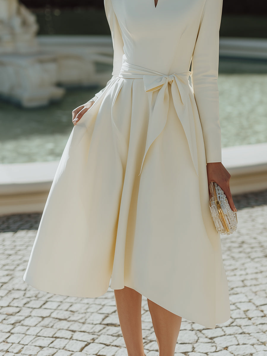 Elegant Asymmetric Collar Midi Dress With Waist Tie