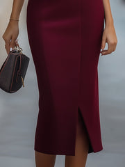 Sophisticated Burgundy Sleeveless Midi Dress with Asymmetrical Button