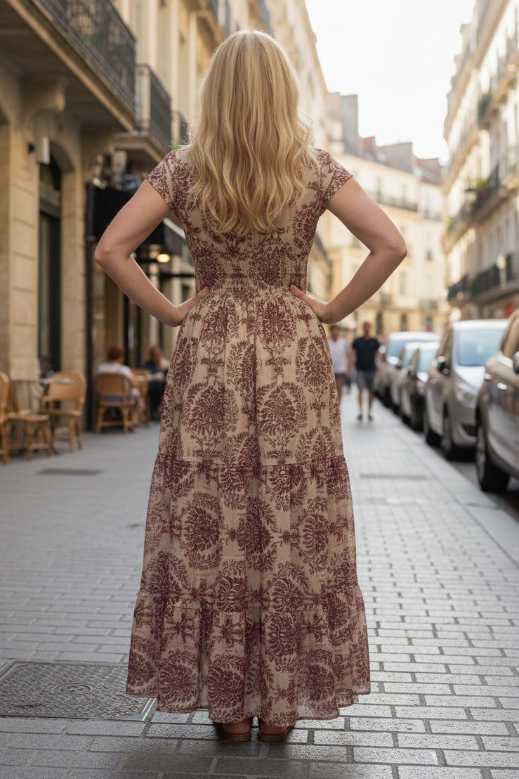 Printed Flow Maxi Dress with V Neckline