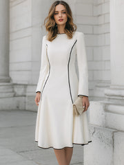 Ivory Long-Sleeve A-Line Midi Dress With Contrast Piping