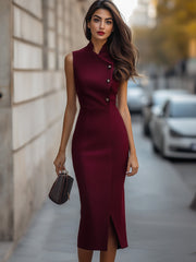 Sophisticated Burgundy Sleeveless Midi Dress with Asymmetrical Button