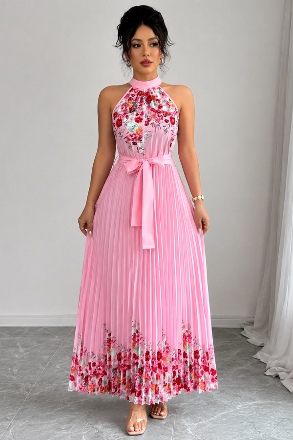 Floral Pleated Square Neck Midi Dresses