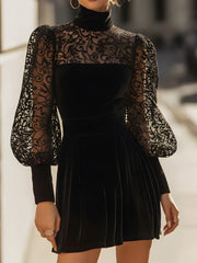 Velvet Mini Dress With Sheer Embroidered Sleeves