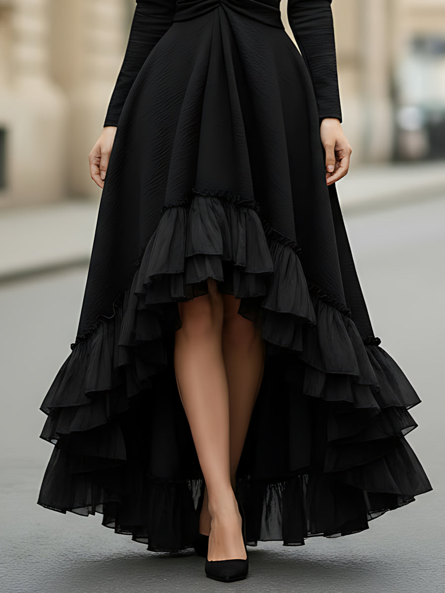 Black Long-Sleeve High-Low Ruffled Evening Dress