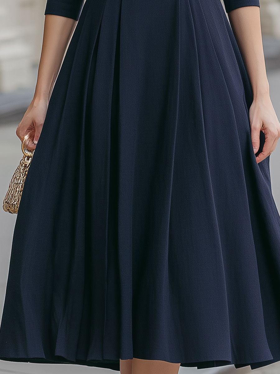 Navy Blue Shawl Collar Midi Dress