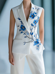 Urban Sleeveless Floral Printed Blazer and Trousers Set