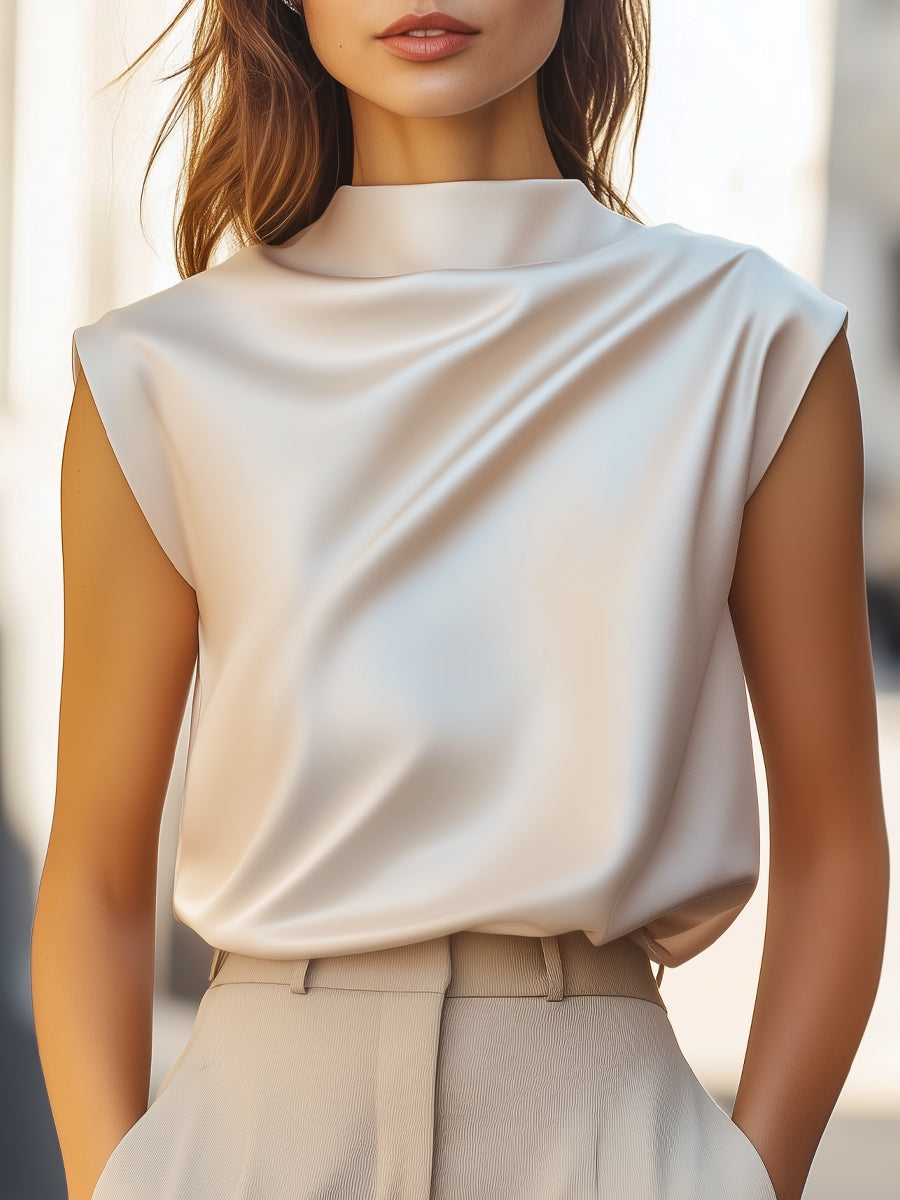 Elegant Minimalist Sleeveless Blouse with Draped Neckline