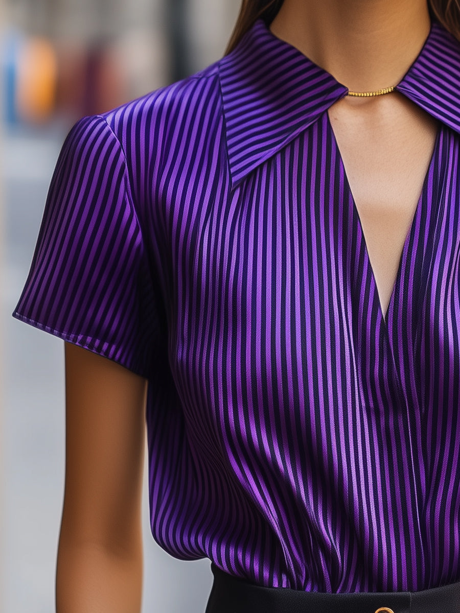 Satin Stripe Short-Sleeve Glossy Blouse with Wide Collar