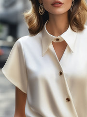 Asymmetric Buttoned Satin Blouse with Cutout Collar Detail