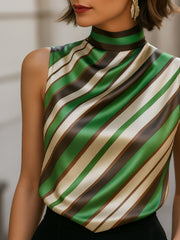 Striped Satin High-Neck Sleeveless Blouse