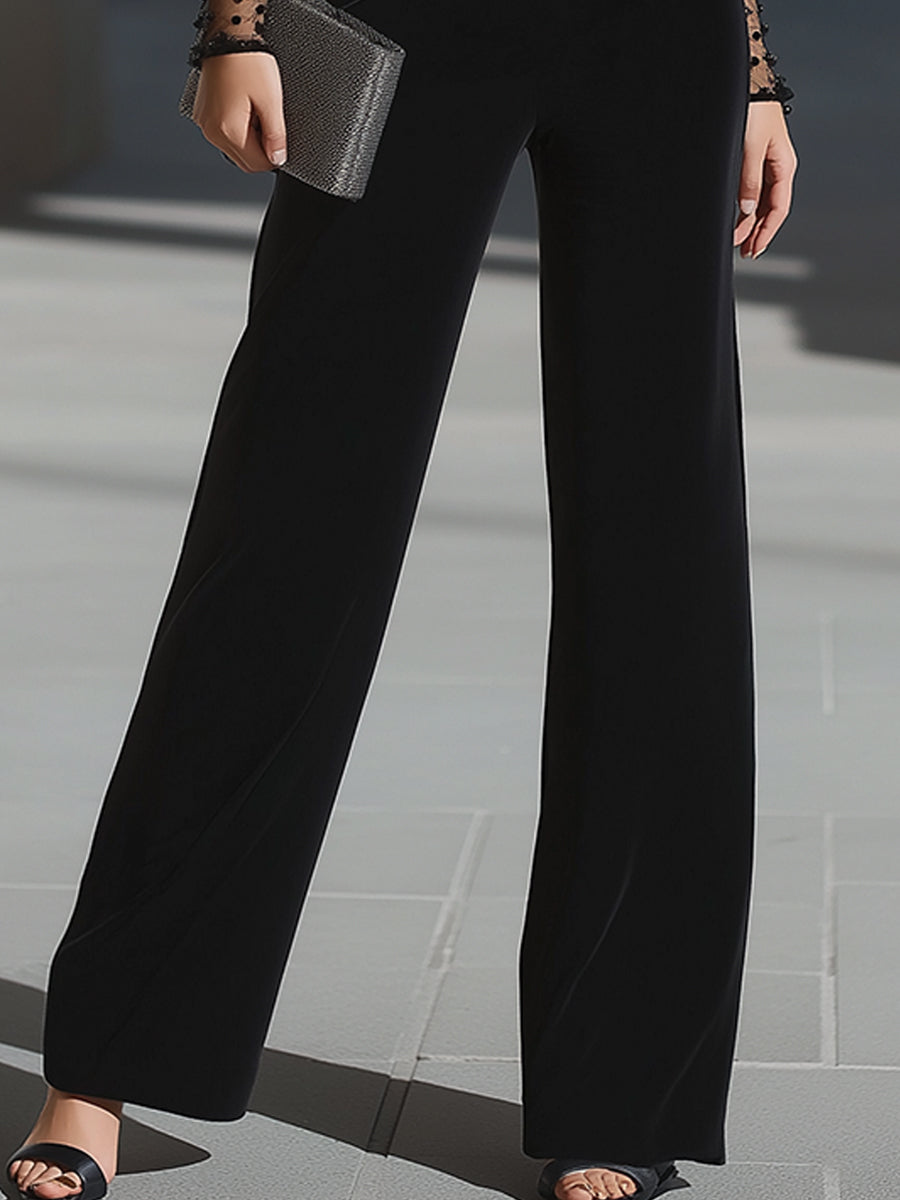 Black Velvet Off-Shoulder Jumpsuit With Sheer Dot Sleeves