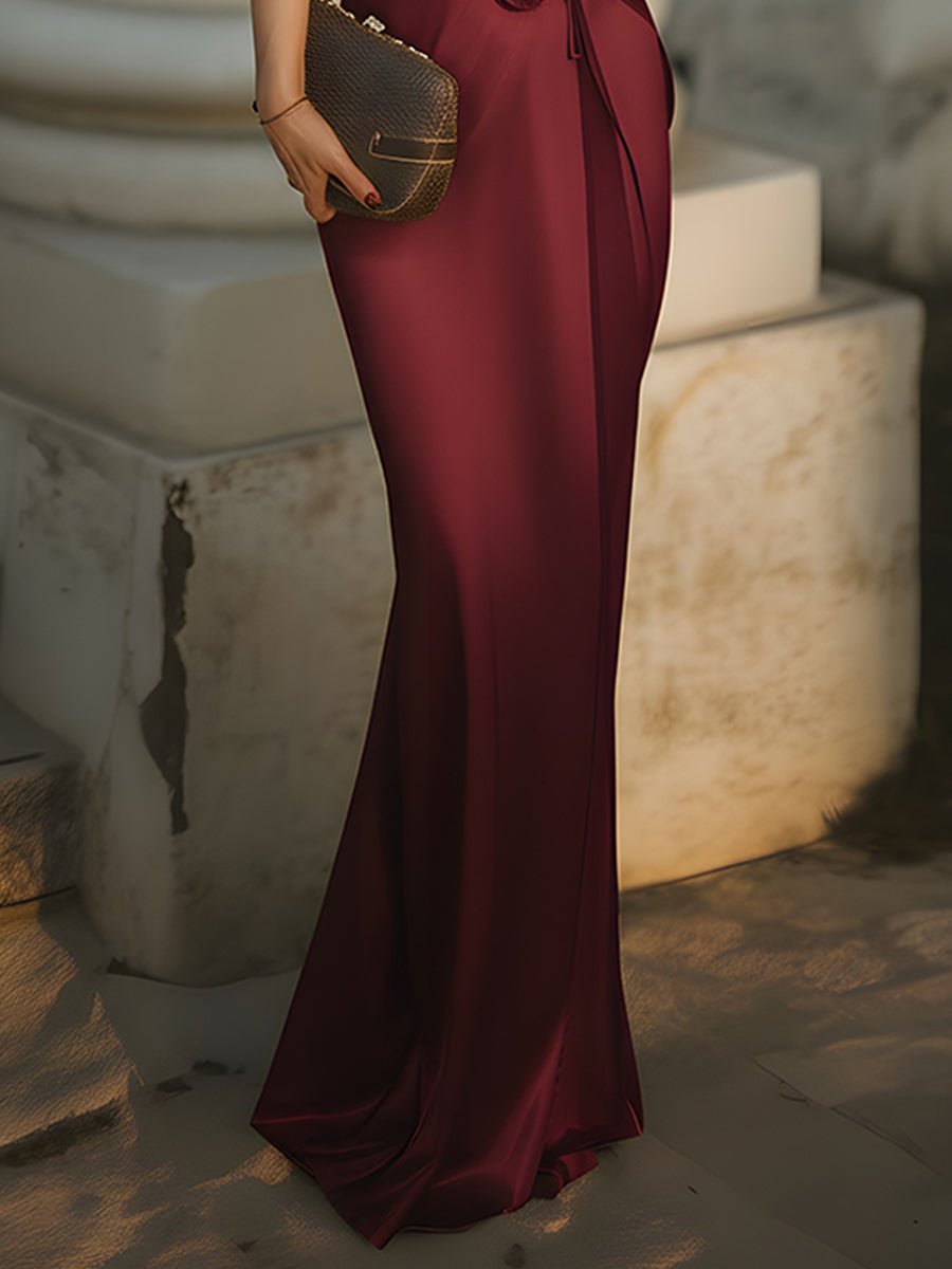 Elegant Draped Evening Gown With Sheer Sleeves