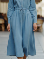 Light Blue Button-Front Drawstring Midi Shirt Dress